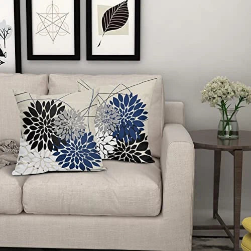 Pillow Covers 18x18 Inch Dahlia Flower White 18" x 18" (Pack of 2) Black Blue