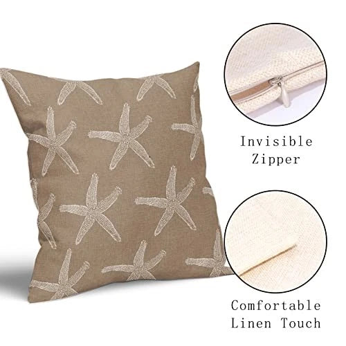 Tan Brown Starfish Pillow Covers 18X18 Inch Coastal Beachy Nautical Couch