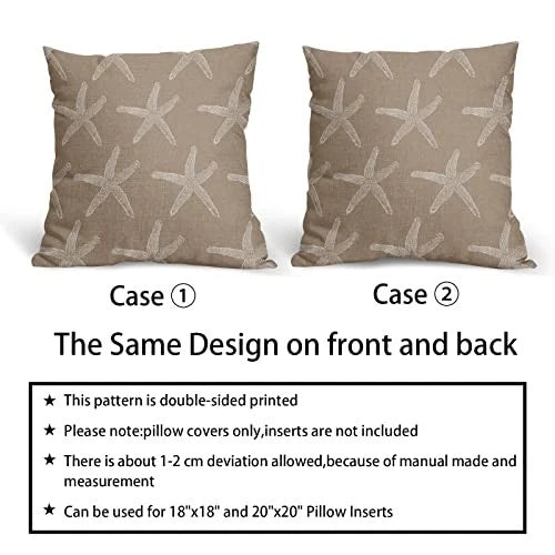 Tan Brown Starfish Pillow Covers 18X18 Inch Coastal Beachy Nautical Couch