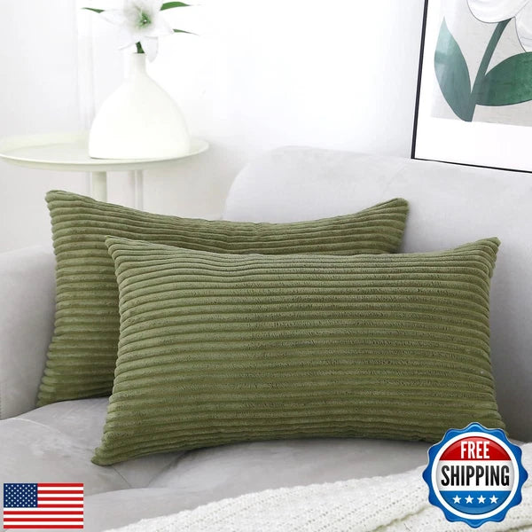 Pack of 2 Olive Green Corduroy Decorative Throw Pillow Covers 12x20 Inch Stri