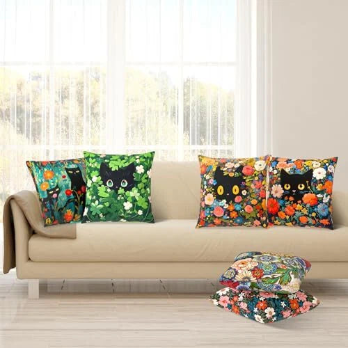 Throw Pillow Covers, 18x18 Inch Cotton Linen Pillow Cases 2pcs-a-cute Black Cat