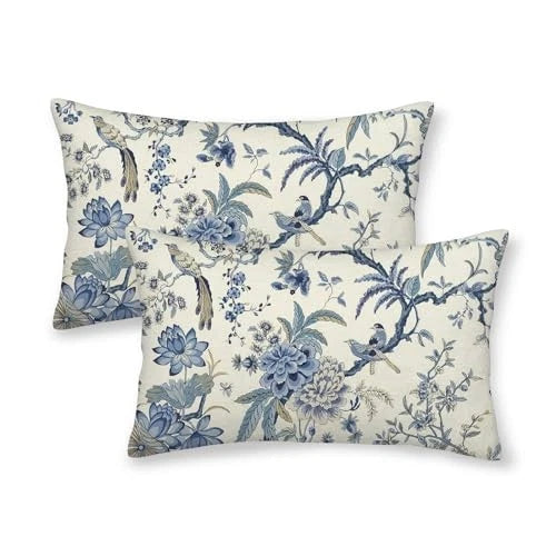 Spring Floral Birds Pillow Covers 12 x 12" x 20" (Pack of 2) Blue Flower Birds