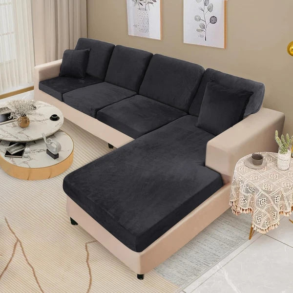 Stretchable Eight-Piece Velvet Slipcovers for Sectional Sofas with Pillowcases