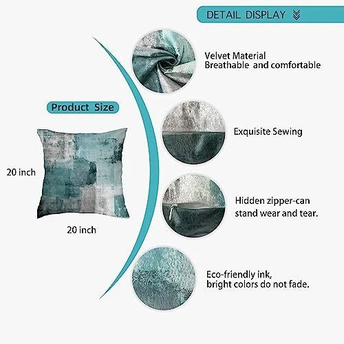 Teal Velvet Abstract Pillow Covers Set of 2 20" x 20" (Pack of 2) Grey&teal