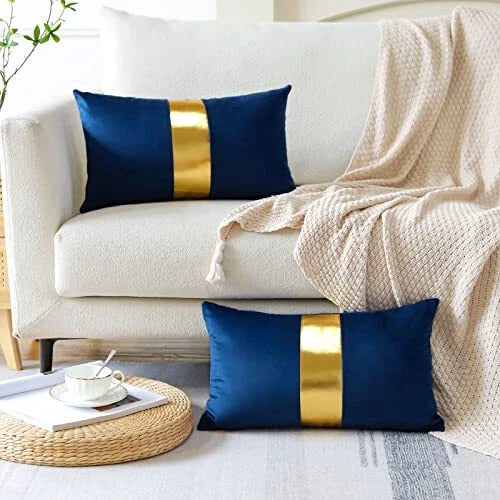 Velvet Throw Pillow Covers with Gold Leather 16x24 Inch (Pack of 2) Navy Blue