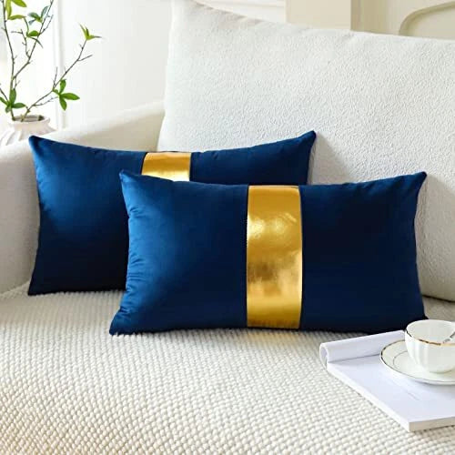 Velvet Throw Pillow Covers with Gold Leather 16x24 Inch (Pack of 2) Navy Blue