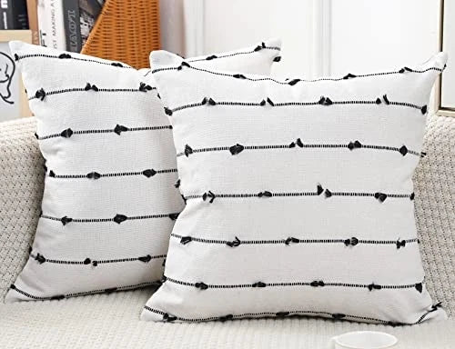 Set of 2 Boho Throw Pillow Covers 22x22,Off White 22" x 22" (Pack of 2) Black