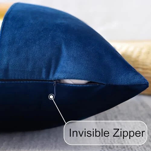 Velvet Throw Pillow Covers with Gold Leather 16x24 Inch (Pack of 2) Navy Blue