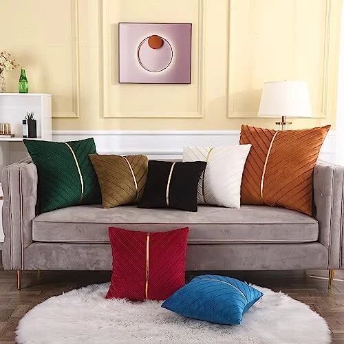 Velvet Throw Pillow Covers 16x16 inch Pack of 2 with Gold 16"L x 16"W Beige