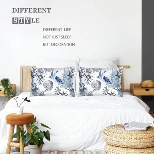 Sea Turtle Pillow Cover Queen Size Set of 2 Coastal Beach Ocean White Blue
