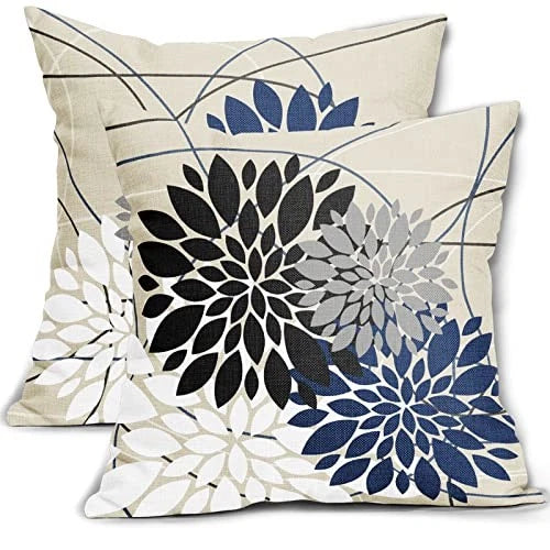 Pillow Covers 18x18 Inch Dahlia Flower White 18" x 18" (Pack of 2) Black Blue