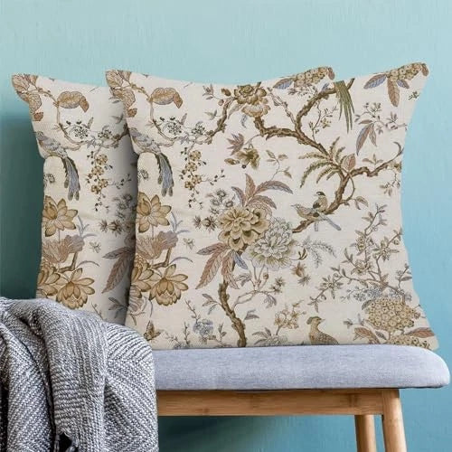 Spring Floral Birds Pillow Covers 18 18" x 18" (Pack of 2) Brown Flower Birds