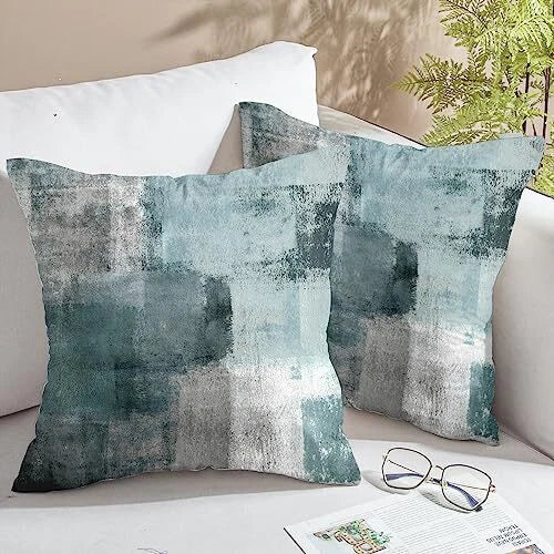 Teal Velvet Abstract Pillow Covers Set of 2 20" x 20" (Pack of 2) Grey&teal