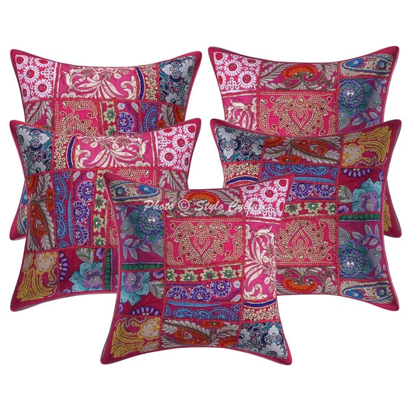 Pink Cushion Cover Vintage Gypsy Handmade Patchwork Tribal Ethnic Hippie Pillow