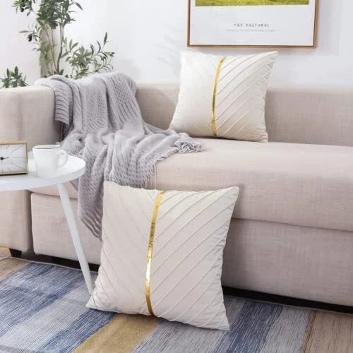 Velvet Throw Pillow Covers 16x16 inch Pack of 2 with Gold 16"L x 16"W Beige