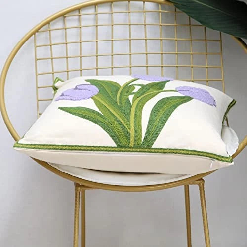 Pack of 2 Embroidered Decorative Throw Pillow Cover 18x18 Inch Purple Tulip