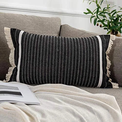 Modern Throw Pillow Cover with Tassels, Decorative Liana 12" x 20" Black