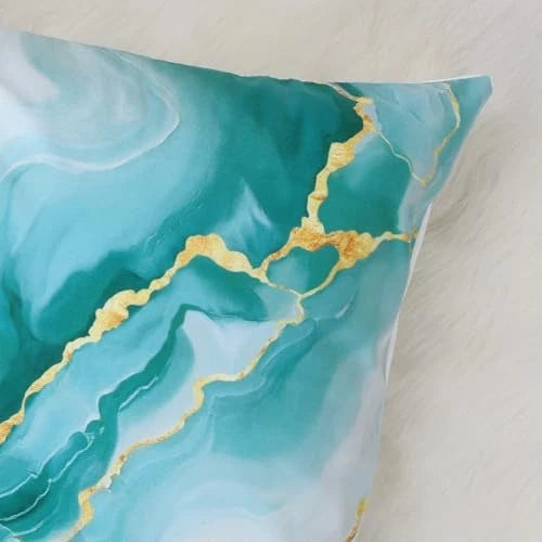 Teal Marble Throw Pillow Covers, Green Gold Modern Abstract Velvety Decorative
