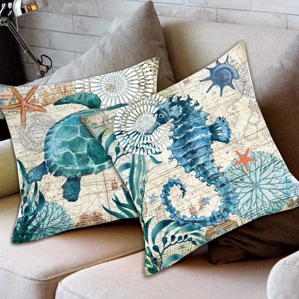 Ocean Theme Decorative Throw Pillow Cover 18X18 Set of 2, Turtle Seahorse Throw