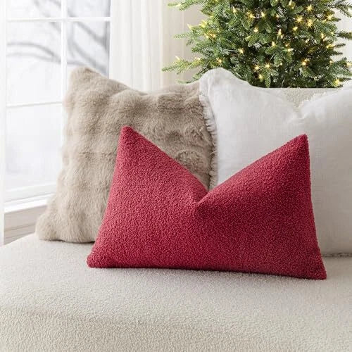 Pack of 2, Curly Faux Fur Decorative Throw Pillow 12"x20",2 Pieces Burgundy
