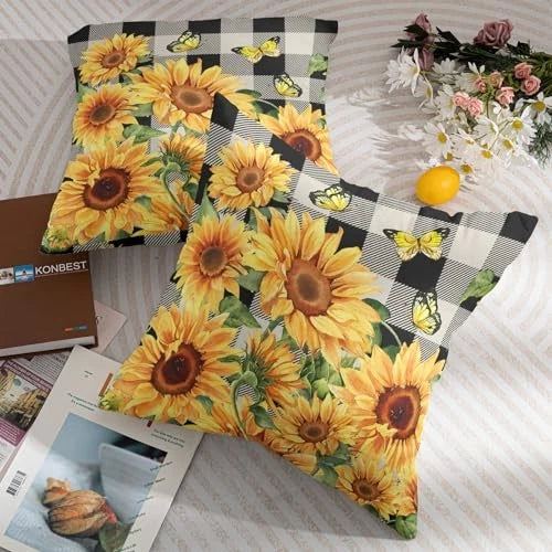 Sunflower Pillow Covers 18x18 Set of 2 18" x 18" (Pack of 2) Black Yellow Green