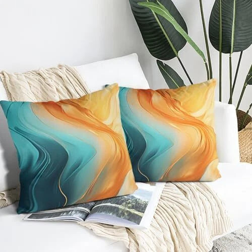 Throw Pillow Covers Set of 2 Turquoise Marble 18" x 18" (Pack of 2) Orange Teal