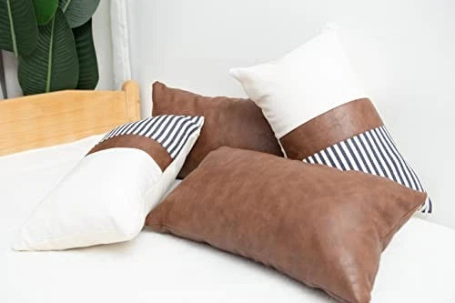Faux Leather Throw Pillow Cover Lumbar Farmhouse 20" x 12" (Pack of 2) Brown