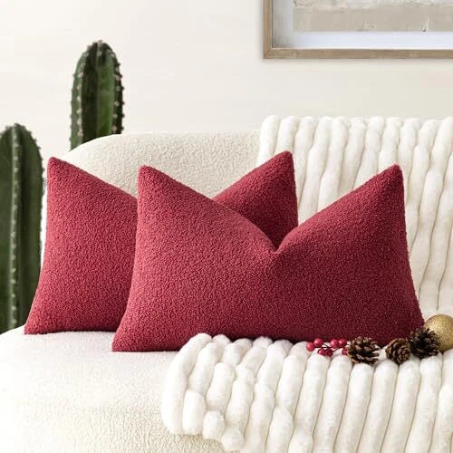 Pack of 2, Curly Faux Fur Decorative Throw Pillow 12"x20",2 Pieces Burgundy
