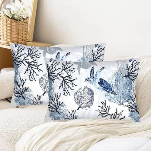Sea Turtle Pillow Cover Queen Size Set of 2 Coastal Beach Ocean White Blue
