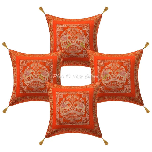 Orange Cushion Cover Brocade Jacquard Gypsy Handmade Tribal Ethnic Hippie Pillow