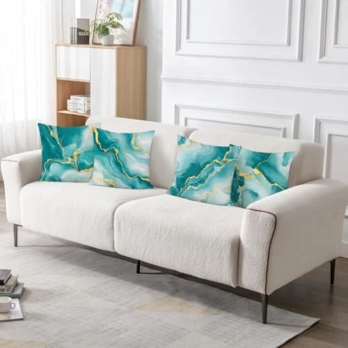 Teal Marble Throw Pillow Covers, Green Gold Modern Abstract Velvety Decorative