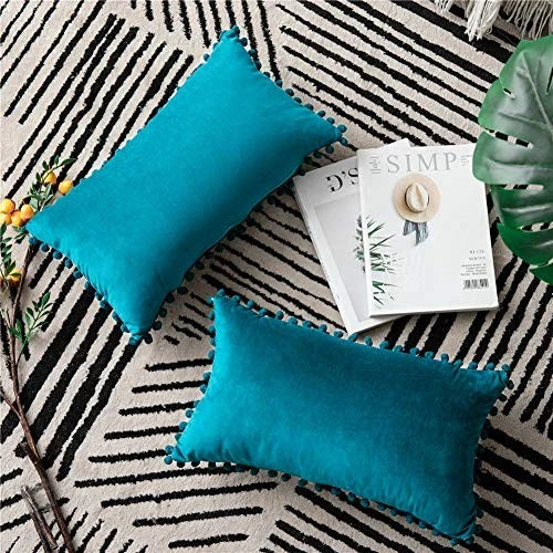 Throw Pillow Cases 12x20: 2 Pack Cozy Soft Pom 20" x 12" (Pack of 2) Turquoise
