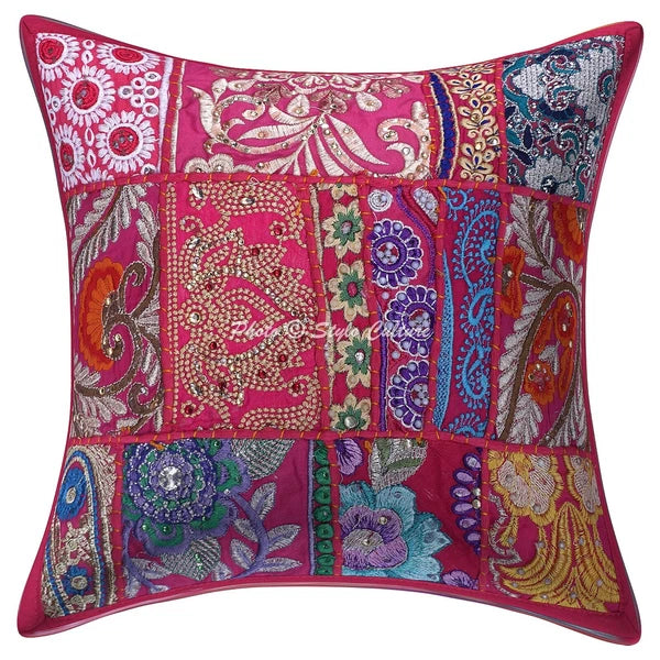 Pink Cushion Cover Vintage Gypsy Handmade Patchwork Tribal Ethnic Hippie Pillow
