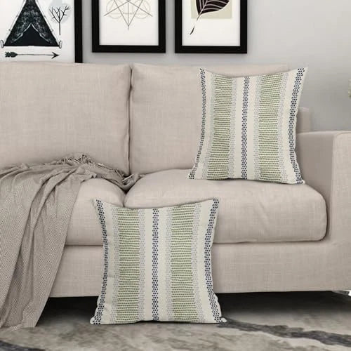 Navy Blue Lime Green Pillow 18" x 18" (Pack of 2) Blue Green Grey Boho Striped