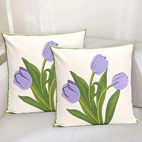 Pack of 2 Embroidered Decorative Throw Pillow Cover 18x18 Inch Purple Tulip