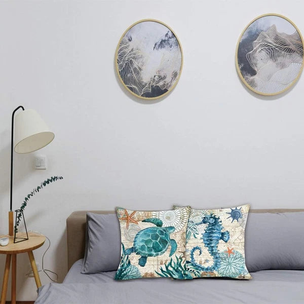 Ocean Theme Decorative Throw Pillow Cover 18X18 Set of 2, Turtle Seahorse Throw