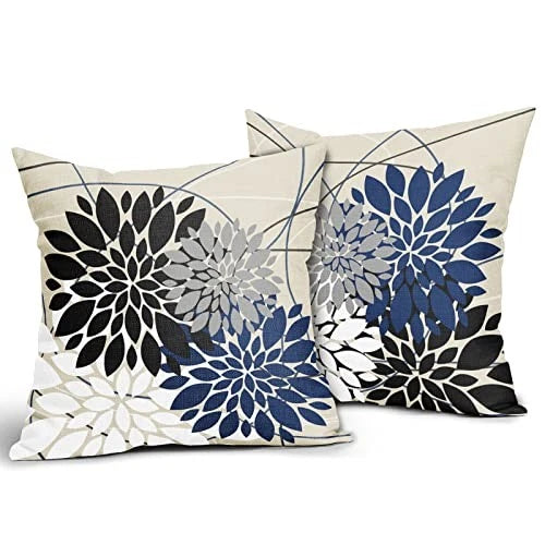 Pillow Covers 18x18 Inch Dahlia Flower White 18" x 18" (Pack of 2) Black Blue
