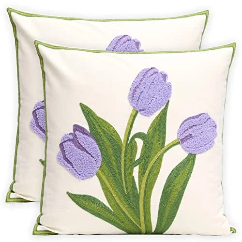 Pack of 2 Embroidered Decorative Throw Pillow Cover 18x18 Inch Purple Tulip