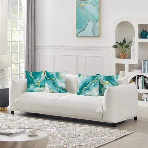 Teal Marble Throw Pillow Covers, Green Gold Modern Abstract Velvety Decorative