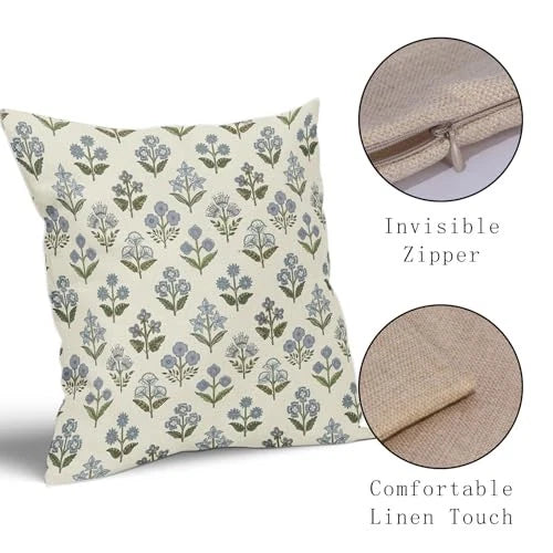 Block Print Pillow Covers 18x18 Inch Set of 2, 18" x 18" (Pack of 2) Blue Green