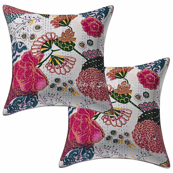 Dorm Decor Cotton Kantha Sofa Cushion Cover White Tropicana Pillow Cover