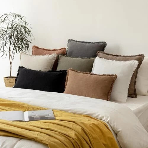 Decorative Linen Fringe Throw Pillow Covers Cozy Boho Farmhouse 18" x 18" Grey