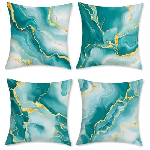 Teal Marble Throw Pillow Covers, Green Gold Modern Abstract Velvety Decorative