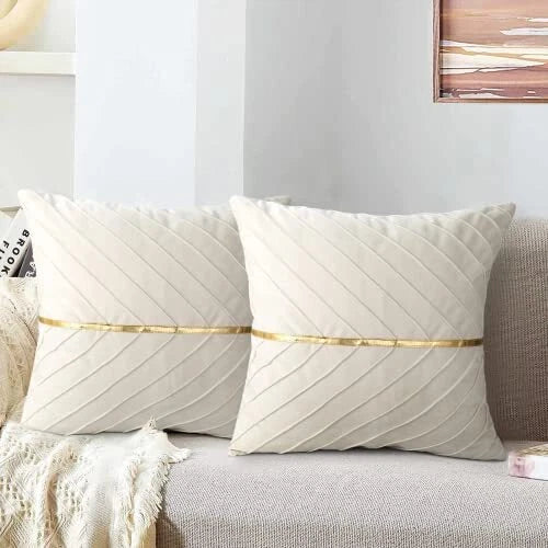 Velvet Throw Pillow Covers 16x16 inch Pack of 2 with Gold 16"L x 16"W Beige