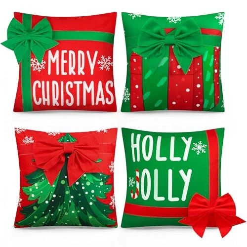 Christmas Pillow Covers 18 x 18 Inch Xmas Red Green Decorative Pillow Cases