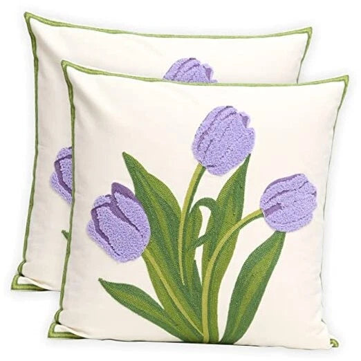 Pack of 2 Embroidered Decorative Throw Pillow Cover 18x18 Inch Purple Tulip