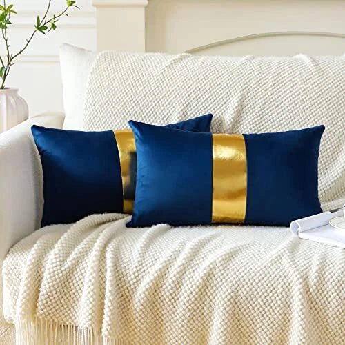 Velvet Throw Pillow Covers with Gold Leather 16x24 Inch (Pack of 2) Navy Blue