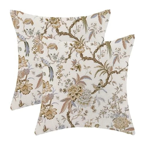 Spring Floral Birds Pillow Covers 18 18" x 18" (Pack of 2) Brown Flower Birds