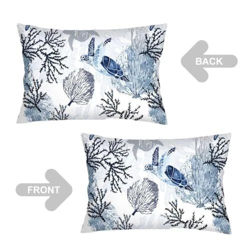 Sea Turtle Pillow Cover Queen Size Set of 2 Coastal Beach Ocean White Blue