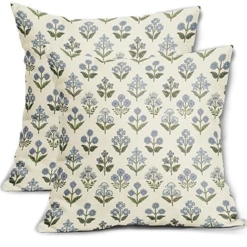 Block Print Pillow Covers 16x16 Inch Set of 2, 16" x 16" (Pack of 2) Blue Green